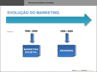 2   Um pouco de história e branding .........  1990 / 2009 1996 / 2009 MARKETING SOCIETAL BRANDING EVOLUÇÃO DO MARKETING bruno nogueira pinheiro   •  2 0 0 9 