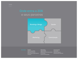Atuação




          Onde entra a 2DA
           e seus parceiros


                           Branding e Design                                Gestão




                                  Marketing                           Comunicação




           Exemplos   Gestão                        Marketing                     Comunicação
                      Gestão de portfólio           Segmentação                   Publicidade
                      Recursos humanos              Desenvolvimento de produtos   Relações públicas
                      Estruturação organizacional   Precificação                  Assessoria de imprensa
                      Finanças                      Canais de distribuição
 