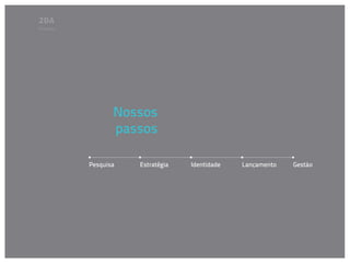 Processo




                  Nossos
                  passos

           Pesquisa   Estratégia   Identidade   Lançamento   Gestão
 