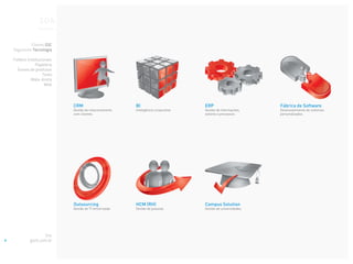 Portfólio


        Cliente GSC
Segmento Tecnologia

Folders Institucionais
             Papelaria
  Ícones de produtos
                 Texto
          Mala-direta
                  Web




                          CRM                         BI                         ERP                       Fábrica de Software
                          Gestão de relacionamento    Inteligência corporativa   Gestão de informações,    Desenvolvimento de sistemas
                          com clientes                                           setores e processos       personalizados




                          Outsourcing                 HCM (RH)                   Campus Solution
                          Gestão de TI terceirizada   Gestão de pessoas          Gestão de universidades




                 Site
         gscti.com.br
 