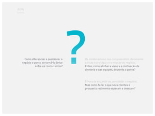 Contexto




       Como diferenciar e posicionar o   Os colaboradores não compreendem claramente
     negócio a ponto de torná-lo único   a visão estratégica e a missão do negócio.
                entre os concorrentes?   Então, como alinhar a visão e a motivação da
                                         diretoria e das equipes, de ponta a ponta?



                                         É hora de expandir ou consolidar o negócio.
                                         Mas como fazer o que seus clientes e
                                         prospects realmente esperam e desejam?
 