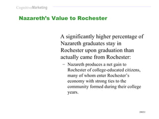 Nazareth’s Value to Rochester <ul><li>A significantly higher percentage of Nazareth graduates stay in Rochester upon gradu...