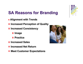 SA Reasons for Branding
Alignment with Trends
 Increased Perception of Quality
 Increased Consistency
    Image
    Practice
 Increased Sales
 Increased Net Return
 Meet Customer Expectations
 