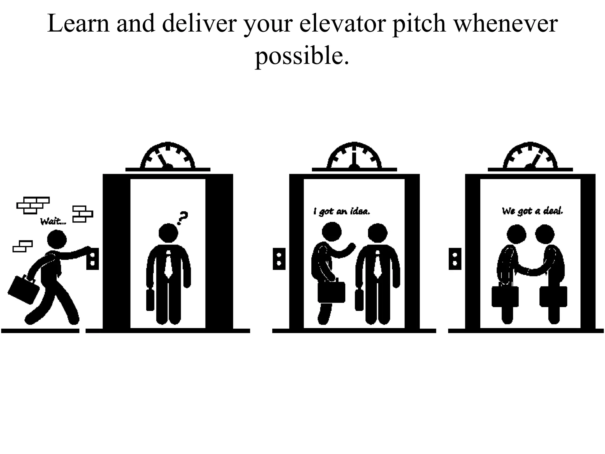Learn and deliver your elevator pitch whenever
possible.
 