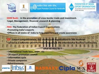 EXIM Bank : in the promotion of cross border trade and investment.
•Legal, Management , financial ,research & planning .
FIEO: The Federation of Indian Export Organizations
•Promoting India's exports
•Offices in all states of India to help exporters and create awareness
CII : Export competitiveness, 312 counterpart organizations in 106 countries
• serves as a reference point for Indian industry & the international business community.
what do they do ?
• International Trade fairs , expo , etc
• 20 export promotion council
• Information cycle
• Private companies
•Advertisements
 