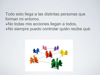 Todo esto llega a las distintas personas que 
forman mi entorno. 
✦No todas mis acciones llegan a todos, 
✦No siempre puedo controlar quién recibe qué. 
 
