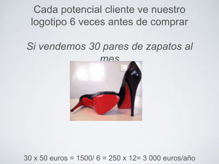 Cada potencial cliente ve nuestro 
logotipo 6 veces antes de comprar 
Si vendemos 30 pares de zapatos al 
mes 
30 x 50 euros = 1500/ 6 = 250 x 12= 3 000 euros/año 
 