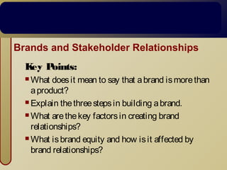 Brands and Stakeholder Relationships
Key Points:
 What doesit mean to say that abrand ismorethan
aproduct?
 Explain thethreestepsin building abrand.
 What arethekey factorsin creating brand
relationships?
 What isbrand equity and how isit affected by
brand relationships?
 
