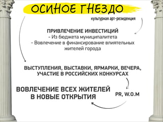 культурная арт-резиденция
ПРИВЛЕЧЕНИЕ ИНВЕСТИЦИЙ
- Из бюджета муниципалитета
- Вовлечение в финансирование влиятельных
жителей города
ВЫСТУПЛЕНИЯ, ВЫСТАВКИ, ЯРМАРКИ, ВЕЧЕРА,
УЧАСТИЕ В РОССИЙСКИХ КОНКУРСАХ
PR, W.O.M
ВОВЛЕЧЕНИЕ ВСЕХ ЖИТЕЛЕЙ
В НОВЫЕ ОТКРЫТИЯ
 