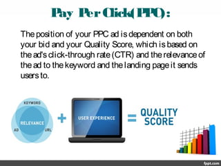 Pay PerClick(PPC):
Theposition of your PPC ad isdependent on both
your bid and your Quality Score, which isbased on
thead'sclick-through rate(CTR) and therelevanceof
thead to thekeyword and thelanding pageit sends
usersto.
 