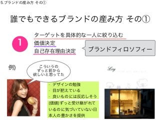 誰でもできるブランドの産み方 その①
ターゲットを具体的な一人に絞り込む
価値決定
自己存在理由決定
1
ブランドフィロソフィー
5.ブランドの産み方 その①
例)
• デザインの勉強
• 目が肥えている
• 良いものには反応しそう
こういうの
ずっと前から
欲しいと思ってた
(価値)ずっと受け継がれて
いるのに気づいていない日
本人の豊かさを提供
 