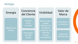 18
Ventajas
Sinergia
Objetivos en
común
Conciencia
del Cliente
Facilitar
venta
cruzada
Propuestas
de valor
únicas
Visibilidad
Marca matriz
pueda
destacar las
fortalezas
únicas de sus
distintas
marcas
secundarias.
Valor de
Marca
Autoridad en
la industria
Valoración
del Mercado
 