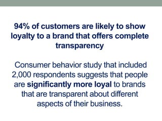 94% of customers are likely to show
loyalty to a brand that offers complete
transparency
Consumer behavior study that included
2,000 respondents suggests that people
are significantly more loyal to brands
that are transparent about different
aspects of their business.
 