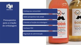 Conheça seu consumidor
Adote perspectiva mais ampla
Entenda as funções da embalagem
Conhecer PDV
Regulação da administração
Pressupostos
para a criação
de embalagem
 