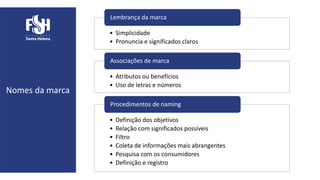 Nomes da marca
• Simplicidade
• Pronuncia e significados claros
Lembrança da marca
• Atributos ou benefícios
• Uso de letras e números
Associações de marca
• Definição dos objetivos
• Relação com significados possíveis
• Filtro
• Coleta de informações mais abrangentes
• Pesquisa com os consumidores
• Definição e registro
Procedimentos de naming
 
