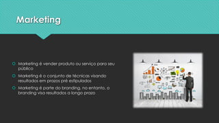 Marketing
š Marketing é vender produto ou serviço para seu
público
š Marketing é o conjunto de técnicas visando
resultados em prazos pré estipulados
š Marketing é parte do branding, no entanto, o
branding visa resultados a longo prazo