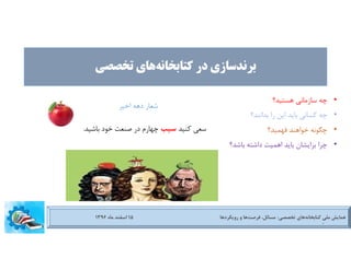 ‫ﺗﺨﺼﺼﯽ‬ ‫ﻫﺎي‬‫ﮐﺘﺎﺑﺨﺎﻧﻪ‬ ‫در‬ ‫ﺑﺮﻧﺪﺳﺎزي‬
•‫ﭼﻪ‬‫ﺳﺎزﻣﺎﻧﯽ‬‫ﻫﺴﺘﯿﺪ؟‬
•‫ﭼﻪ‬‫ﮐﺴﺎﻧﯽ‬‫ﺑﺎﯾﺪ‬‫اﯾﻦ‬‫را‬‫ﺑﺪاﻧﻨﺪ؟‬
•‫ﭼﮕﻮﻧﻪ‬‫ﺧﻮاﻫﻨﺪ‬‫ﻓﻬﻤﯿﺪ؟‬
•‫ﭼﺮا‬‫ﺑﺮاﯾﺸﺎن‬‫ﺑﺎﯾﺪ‬‫اﻫﻤﯿﺖ‬‫داﺷﺘﻪ‬‫ﺑﺎﺷﺪ؟‬
‫اﺧﯿﺮ‬ ‫دﻫﻪ‬ ‫ﺷﻌﺎر‬
‫ﮐﻨﯿﺪ‬ ‫ﺳﻌﯽ‬‫ﺳﯿﺐ‬‫ﺑﺎﺷﯿﺪ‬ ‫ﺧﻮد‬ ‫ﺻﻨﻌﺖ‬ ‫در‬ ‫ﭼﻬﺎرم‬.
‫ﻫﻤﺎﯾﺶ‬‫ﻣﻠﯽ‬‫ﺗﺨﺼﺼﯽ‬ ‫ﻫﺎي‬‫ﮐﺘﺎﺑﺨﺎﻧﻪ‬:‫روﯾﮑﺮدﻫﺎ‬ ‫و‬ ‫ﻫﺎ‬‫ﻓﺮﺻﺖ‬ ،‫ﻣﺴﺎﺋﻞ‬15‫اﺳﻔﻨﺪ‬‫ﻣﺎه‬1396
•‫ﭼﻪ‬‫ﺳﺎزﻣﺎﻧﯽ‬‫ﻫﺴﺘﯿﺪ؟‬
•‫ﭼﻪ‬‫ﮐﺴﺎﻧﯽ‬‫ﺑﺎﯾﺪ‬‫اﯾﻦ‬‫را‬‫ﺑﺪاﻧﻨﺪ؟‬
•‫ﭼﮕﻮﻧﻪ‬‫ﺧﻮاﻫﻨﺪ‬‫ﻓﻬﻤﯿﺪ؟‬
•‫ﭼﺮا‬‫ﺑﺮاﯾﺸﺎن‬‫ﺑﺎﯾﺪ‬‫اﻫﻤﯿﺖ‬‫داﺷﺘﻪ‬‫ﺑﺎﺷﺪ؟‬
3
 