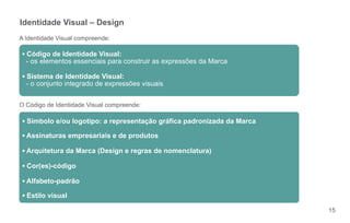 15 
Identidade Visual – Design 
A Identidade Visual compreende: 
 Código de Identidade Visual: 
- os elementos essenciais para construir as expressões da Marca 
 Sistema de Identidade Visual: 
- o conjunto integrado de expressões visuais 
O Código de Identidade Visual compreende: 
 Símbolo e/ou logotipo: a representação gráfica padronizada da Marca 
 Assinaturas empresariais e de produtos 
 Arquitetura da Marca (Design e regras de nomenclatura) 
 Cor(es)-código 
 Alfabeto-padrão 
 Estilo visual 
 
