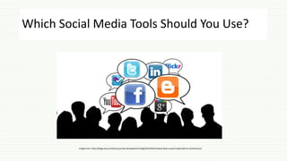 Which Social Media Tools Should You Use?
Image from: http://blogs.bmj.com/bmj-journals-development-blog/2014/04/14/what-does-social-media-add-to-conferences/
 