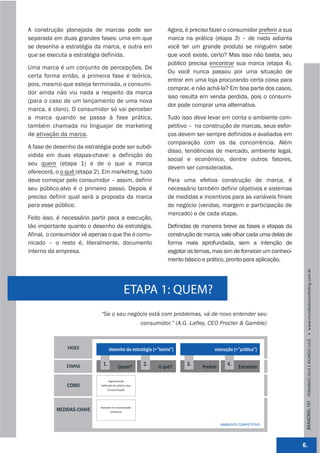 A construção planejada de marcas pode ser                        Agora, é preciso fazer o consumidor preferir a sua
separada em duas grandes fases: uma em que                       marca na prática (etapa 3) – de nada adianta
se desenha a estratégia da marca, e outra em                     você ter um grande produto se ninguém sabe
que se executa a estratégia definida.                            que você existe, certo? Mas isso não basta, seu
                                                                 público precisa encontrar sua marca (etapa 4).
Uma marca é um conjunto de percepções. De
                                                                 Ou você nunca passou por uma situação de
certa forma então, a primeira fase é teórica,
                                                                 entrar em uma loja procurando certa coisa para
pois, mesmo que esteja terminada, o consumi-
                                                                 comprar, e não achá-la? Em boa parte dos casos,
dor ainda não viu nada a respeito da marca
                                                                 isso resulta em venda perdida, pois o consumi-
(para o caso de um lançamento de uma nova
                                                                 dor pode comprar uma alternativa.
marca, é claro). O consumidor só vai perceber
a marca quando se passa à fase prática,                          Tudo isso deve levar em conta o ambiente com-
também chamada no linguajar de marketing                         petitivo – na construção de marcas, seus esfor-
de ativação da marca.                                            ços devem ser sempre definidos e avaliados em
                                                                 comparação com os da concorrência. Além
A fase de desenho da estratégia pode ser subdi-
                                                                 disso, tendências de mercado, ambiente legal,
vidida em duas etapas-chave: a definição do
                                                                 social e econômico, dentre outros fatores,
seu quem (etapa 1) e de o que a marca
                                                                 devem ser considerados.
oferecerá, o o quê (etapa 2). Em marketing, tudo
deve começar pelo consumidor – assim, definir                    Para uma efetiva construção de marca, é
seu público-alvo é o primeiro passo. Depois é                    necessário também definir objetivos e sistemas
preciso definir qual será a proposta da marca                    de medidas e incentivos para as variáveis finais
para esse público.                                               de negócio (vendas, margem e participação de
                                                                 mercado) e de cada etapa.
Feito isso, é necessário partir para a execução,
tão importante quanto o desenho da estratégia.                   Definidas de maneira breve as fases e etapas da
Afinal, o consumidor vê apenas o que lhe é comu-                 construção de marca, vale olhar cada uma delas de
nicado – o resto é, literalmente, documento                      forma mais aprofundada, sem a intenção de
interno da empresa.                                              esgotar os temas, mas sim de fornecer um conheci-
                                                                 mento básico e prático, pronto para aplicação.




                                                                                                                       BRANDING 101 FERNANDO JUCÁ E RICARDO JUCÁ         www.mundodomarke,ng.com.br
                                              ETAPA 1: QUEM?
                            “Se o seu negócio está com problemas, vá de novo entender seu
                                                       consumidor.” (A.G. Lafley, CEO Procter & Gamble)



               FASES              desenho da estratégia (=”teoria”)                 execução (=”prática”)


              ETAPAS         1.          Quem?
                                                        2.   O quê?
                                                                        3.    Preferir
                                                                                            4.    Encontrar

                                  Segmentação
               COMO         Deﬁnição do público‐alvo
                                Caracterização




                            Baseado em necessidades
           MEDIDAS-CHAVE           Suﬁciente



                                                                                         AMBIENTE COMPETITIVO




                                                                                                                      6.
 
