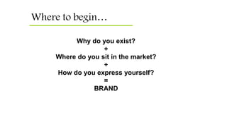 Where to begin…
Why do you exist?
+
Where do you sit in the market?
+
How do you express yourself?
=
BRAND
 