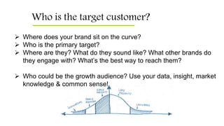 Who is the target customer?
 Where does your brand sit on the curve?
 Who is the primary target?
 Where are they? What do they sound like? What other brands do
they engage with? What’s the best way to reach them?
 Who could be the growth audience? Use your data, insight, market
knowledge & common sense!
 