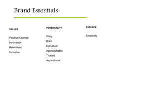 Brand Essentials
PERSONALITY
Witty
Bold
Individual
Approachable
Trusted
Aspirational
VALUES
Positive Change
Innovation
Relentless
Inclusive
ESSENCE
Simplicity
 