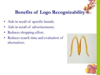 #
Benefits of Logo Recognizability
• Aids in recall of specific brands.
• Aids in recall of advertisements.
• Reduces shopping effort.
• Reduces search time and evaluation of
alternatives.
 
