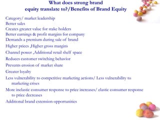 #
What does strong brand
equity translate to?/Benefits of Brand Equity
Category/ market leadership
Better sales
Creates greater value for stake holders
Better earnings & profit margins for company
Demands a premium during sale of brand
Higher prices ,Higher gross margins
Channel power ,Additional retail shelf space
Reduces customer switching behavior
Prevents erosion of market share
Greater loyalty
Less vulnerability to competitive marketing actions/ Less vulnerability to
marketing crises
More inelastic consumer response to price increases/ elastic consumer response
to price decreases
Additional brand extension opportunities
 