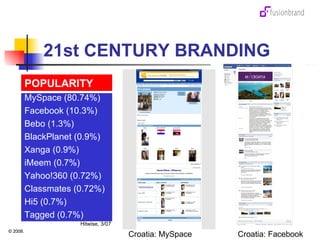 21st CENTURY BRANDING Croatia: MySpace Croatia: Facebook MySpace (80.74%) Facebook (10.3%) Bebo (1.3%) BlackPlanet (0.9%) Xanga (0.9%) iMeem (0.7%) Yahoo!360 (0.72%) Classmates (0.72%) Hi5 (0.7%) Tagged (0.7%) Hitwise, 3/07 POPULARITY 