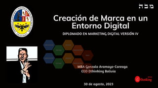 CEO Dthinking Bolivia
MBA Gonzalo Aramayo-Careaga
30 de agosto, 2023
Creación de Marca en un
Entorno Digital
DIPLOMADO EN MARKETING DIGITAL VERSIÓN IV
 