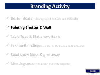 Branding Activity
 Dealer Board (Glow Signage, Flex Board and Arch Gate)
 Painting Shutter & Wall
 Table Tops & Stationary items
 In shop Branding(Foam Boards, Wall Mount & Mini Stands)
 Road show kiosk & give away
 Meetings (Dealer, Sub Dealer, Painter & Carpenter)
 