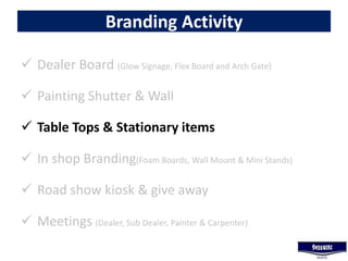 Branding Activity
 Dealer Board (Glow Signage, Flex Board and Arch Gate)
 Painting Shutter & Wall
 Table Tops & Stationary items
 In shop Branding(Foam Boards, Wall Mount & Mini Stands)
 Road show kiosk & give away
 Meetings (Dealer, Sub Dealer, Painter & Carpenter)
 