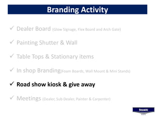 Branding Activity
 Dealer Board (Glow Signage, Flex Board and Arch Gate)
 Painting Shutter & Wall
 Table Tops & Stationary items
 In shop Branding(Foam Boards, Wall Mount & Mini Stands)
 Road show kiosk & give away
 Meetings (Dealer, Sub Dealer, Painter & Carpenter)
 