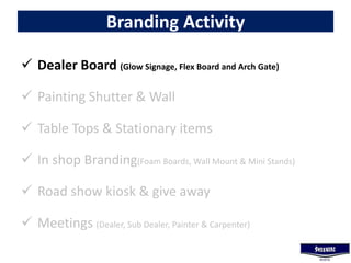 Branding Activity
 Dealer Board (Glow Signage, Flex Board and Arch Gate)
 Painting Shutter & Wall
 Table Tops & Stationary items
 In shop Branding(Foam Boards, Wall Mount & Mini Stands)
 Road show kiosk & give away
 Meetings (Dealer, Sub Dealer, Painter & Carpenter)
 