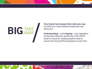 Page 33
BIG Takeaway
AWAY
TAKE
/
Your brand runs deeper than what you say…
it’s what your most important audiences say
abo...