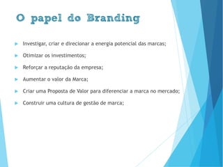 Investigar, criar e direcionar a energia potencial das marcas;
Otimizar os investimentos;
Reforçar a reputação da empresa;
Aumentar o valor da Marca;
Criar uma Proposta de Valor para diferenciar a marca no mercado;
Construir uma cultura de gestão de marca;
O papel do Branding
www.brenobrito.com
 