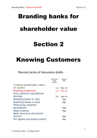 Branding Banks – Discussion Draft                          Section 2.0




       Branding banks for

         shareholder value

                         Section 2

     Knowing Customers
       Planned series of discussion drafts

                                    Discussion   Release
                                       Draft      Date
                                     Version

 Creating shareholder value -
 an outline                               1.0    Mar-10
 Knowing customers                        2.0    Mar-10
 How customer perceptions
 develop                                  3.0    Apr-10
 Branding banks is vital                          TBA
 Branding banks is hard                           TBA
 Measuring customer
 perceptions                                      TBA
 Gaps analysis                                    TBA
 Bank structure and brand
 control                                          TBA
 Six Sigma and brand control                      TBA




                                                                    1
© Geoffrey Johns - 22 March 2010
 