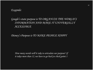 10

Exapmle:
Google’s state purpose is TO ORGANIZE THE WORLD’S
INFORMATION AND MAKE IT UNIVERSALLY
ACCESSIBLE
Disney’s Pur...