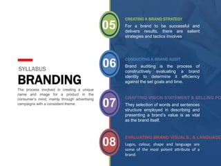 CREATING A BRAND STRATEGY
For a brand to be successful and
delivers results, there are salient
strategies and tactics involves
CONDUCTING A BRAND AUDIT
Brand auditing is the process of
constructively evaluating a brand
identity to determine it efficiency
against the set goals and time.
CRAFTING VISION STATEMENT & SELLING PO
They selection of words and sentences
structure employed in describing and
presenting a brand’s value is as vital
as the brand itself.
EVALUATING BRAND VISUALS,, & LANGUAGE
Logos, colour, shape and language are
some of the most potent attribute of a
brand.
SYLLABUS
BRANDING
The process involved in creating a unique
name and image for a product in the
consumer’s mind, mainly through advertising
campaigns with a consistent theme.
05
06
07
08
 