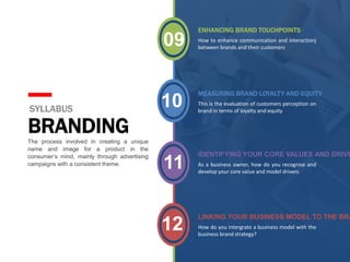 ENHANCING BRAND TOUCHPOINTS
How to enhance communication and interactionj
between brands and their customers
MEASURING BRAND LOYALTY AND EQUITY
This is the evaluation of customers perception on
brand in terms of loyalty and equity
IDENTIFYING YOUR CORE VALUES AND DRIVE
As a business owner, how do you recognise and
develop your core value and model drivers
LINKING YOUR BUSINESS MODEL TO THE BRA
How do you intergrate a business model with the
business brand strategy?
SYLLABUS
BRANDING
The process involved in creating a unique
name and image for a product in the
consumer’s mind, mainly through advertising
campaigns with a consistent theme.
09
10
11
12
 