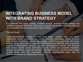 It is believed that brand strategy, business strategy, business model strategy and
competitive strategy need to be a finely woven tapestry. But to begin to envision this, you
must understand the key components of each of these.
The Key Pieces
Organization/business strategy considers many things – mission, vision and values,
organization culture, product/service portfolio, bundling/ unbundling, market structure,
entry barriers, exit barriers, market segmentation, market focus, proprietary technology,
network effects, economies of scale, accessibility/distribution channels, value proposition,
sources of differentiation, branding, business model/revenue sources, cost structure,
fixed versus variable versus semi-variable costs, vertical and horizontal integration,
strategic partnerships, supply and demand, substitute products, disruptive technologies,
societal trends, cash flow, organization structure, organizational agility, keys for
executional success and sequencing of moves.
INTEGRATING BUSINESS MODEL
WITH BRAND STRATEGY
 