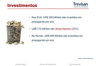 Investimentos

         • Nos EUA, US$ 300 bilhões são investidos em
           propaganda por ano

         • US$ 112 bilhões são desperdiçados (37%)

         • No Mundo, US$ 450 bilhões são investidos em
           propaganda por ano




                                                 Fonte: Universal McCann
 