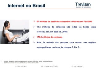 Internet no Brasil


                                                          67 milhões de pessoas acessaram a Internet em Fev/2010

                                                          11,3 milhões de conexões são feitas via banda larga

                                                               (cresceu 21% em 2009 vs. 2008)

                                                          176,8 milhões de celulares

                                                          Mais da metade das pessoas com acesso nas regiões

                                                               metropolitanas pertence às classes C, D e E.




•   Fontes: IAB Brasil (Interactive Advertising Bureau) – Fev/2010; Ibope - Pesquisa Internet
    POP -Consolidado Nacional -2009 e Ibope Nielsen Online 2009.
 