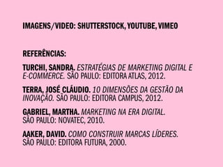 IMAGENS/VIDEO: SHUTTERSTOCK, YOUTUBE, VIMEO


REFERÊNCIAS:
TURCHI, SANDRA. ESTRATÉGIAS DE MARKETING DIGITAL E
E-COMMERCE. SÃO PAULO: EDITORA ATLAS, 2012.
TERRA, JOSÉ CLÁUDIO. 10 DIMENSÕES DA GESTÃO DA
INOVAÇÃO. SÃO PAULO: EDITORA CAMPUS, 2012.
GABRIEL, MARTHA. MARKETING NA ERA DIGITAL.
SÃO PAULO: NOVATEC, 2010.
AAKER, DAVID. COMO CONSTRUIR MARCAS LÍDERES.
SÃO PAULO: EDITORA FUTURA, 2000.
 