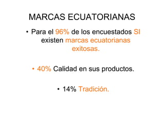MARCAS ECUATORIANAS
•  Para el 96% de los encuestados SI
      existen marcas ecuatorianas
               exitosas.

 •  40% Calidad en sus productos.

         •  14% Tradición.
 