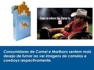 Consumidores de Camel e Marlboro sentem mais
desejo de fumar ao ver imagens de camelos e
cowboys respectivamente.
 