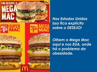 Nos Estados Unidos
isso fica explícito
sobre o DESEJO!
Olhem o Mega Mac
aqui e nos EUA, onde
há o problema da
obesidade.
 