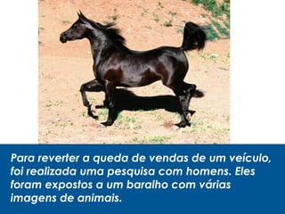 Para reverter a queda de vendas de um veículo,
foi realizada uma pesquisa com homens. Eles
foram expostos a um baralho com várias
imagens de animais.
 