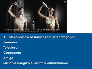 A Unilever dividiu os homens em seis categorias:
Predador
Talentosos
Casadouros
Amigo
Iniciante inseguro e Iniciante entusiasmado
 